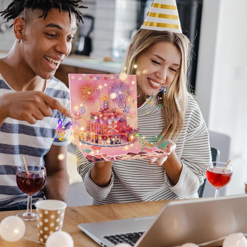 Cake Fireworks LED Candle Lights, 3D Birthday Card with Music and Colorful Lights, Musical Happy Pop-Up Birthday Card, Musical Birthday Gift Card for Kids, Wife, Husband, Grandpa, Grandma, Daughter, Son - Pink, Birthday Gift