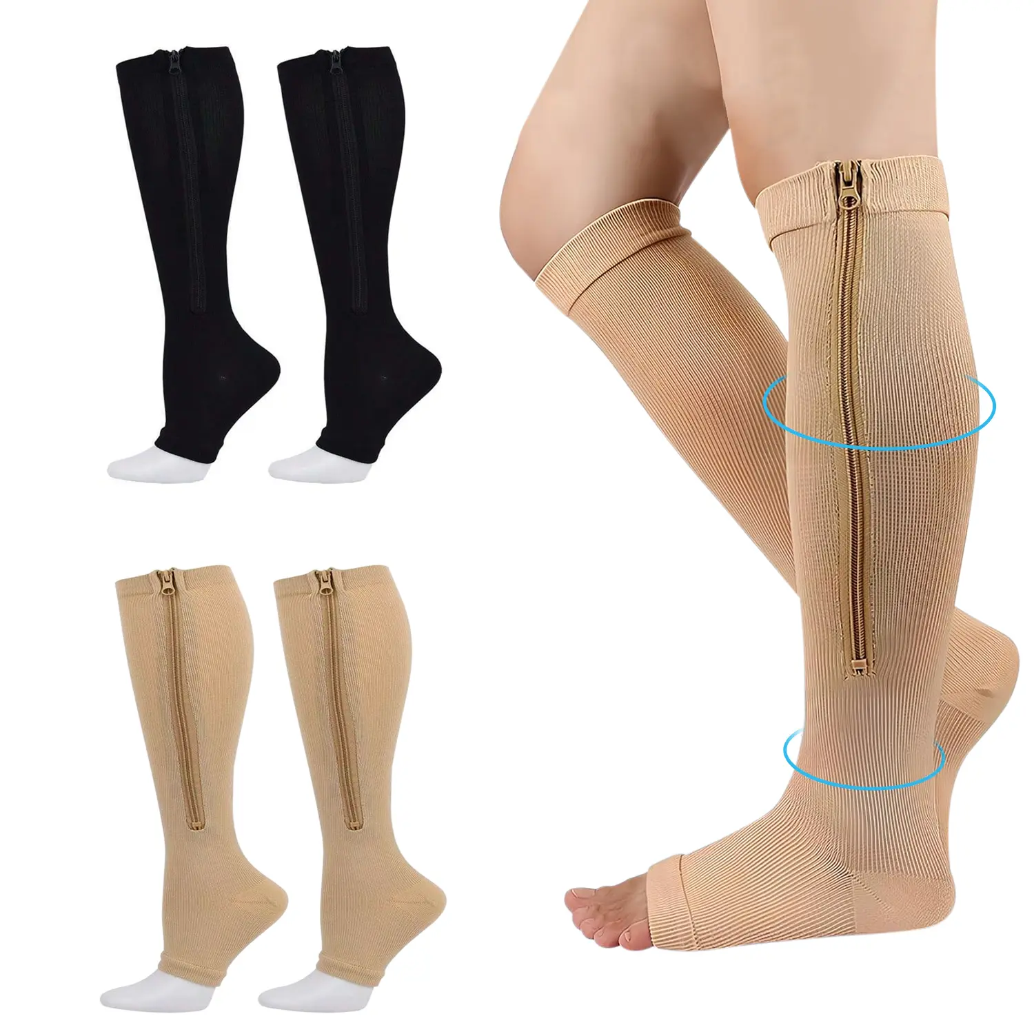 Nylon Zipper Compression Socks – 20-30mmHg Open Toe – Calf & Knee High – Graduated Support for Men & Women – Athletic Running Socks – Comfortable Leg Support