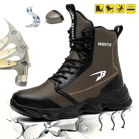Women's Chunky Chic Steel-Toe Safety Shoes - Closed Round Toe, Anti-Smash, Anti-Pressure, Puncture-Resistant, Waterproof Work Shoes, Striped Fabric Upper, Laced, EVA Cushioning, All-Seasons Construction Footwear