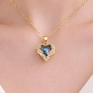 Cherished& Colorful Crystal Heart Necklace 14K Gold Plated Small Pendant, Chic Ins Style Jewelry Romantic Statement Necklace for Women Gift DZXL0080 SpringStatements