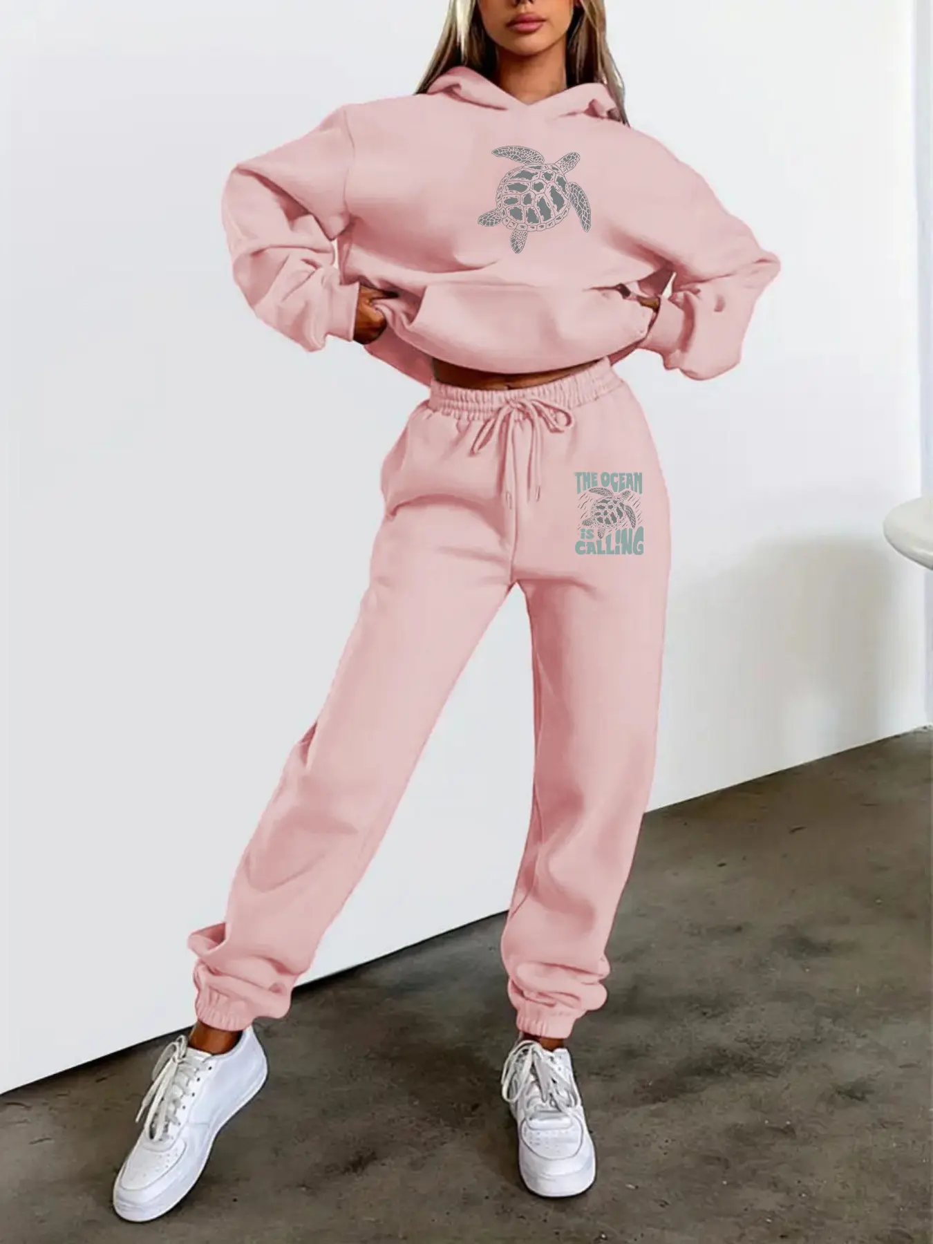 Women's Hooded Sweatshirt Set, Fall & Winter Sea Turtle Cartoon Letter Print, Casual Sporty Style, American Casual Fashion