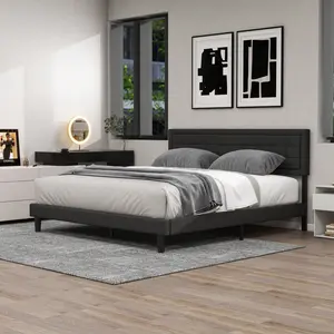 Minimalism Modern Linen Upholstered Platform Bed Frame With Headboard With Button Tufting Solid Wood Slats Support No Box Spring Needed Easy Assembly