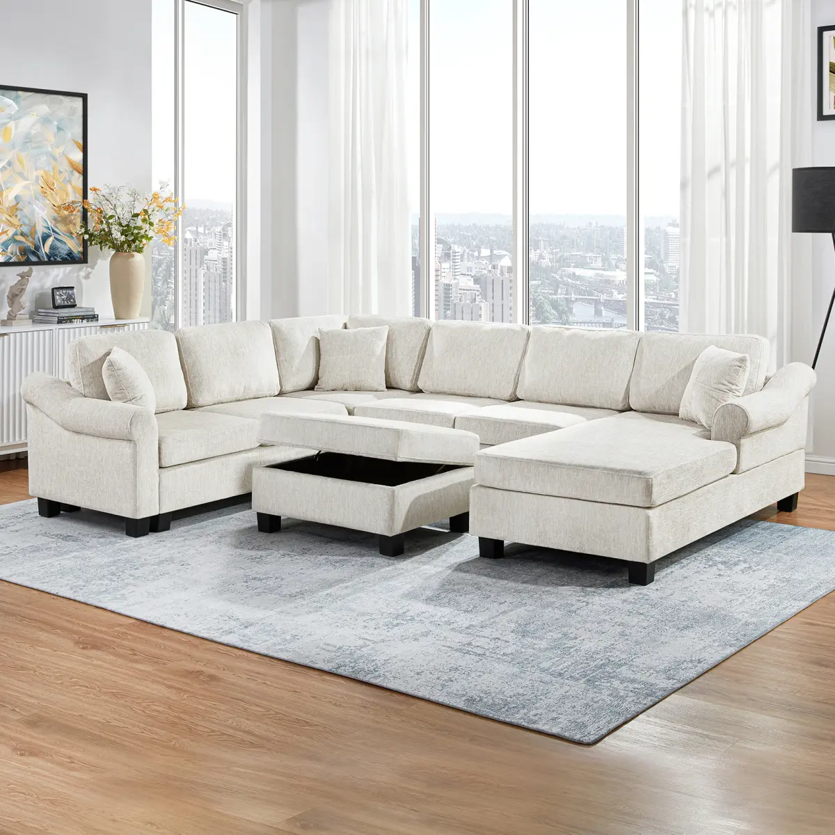 AobtkelSectional Sofa 111.8" U-shaped Sofa Chenille Upholstered Sofa Couch with Movable Storage Ottoman for Living Room, White   WL RR