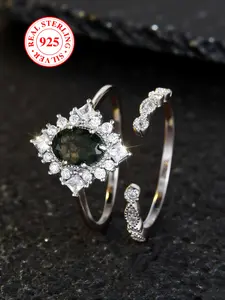 S925 Sterling Silver Seagrass Agate Ring Set, Bridal Engagement Ring Wedding Jewelry Gift , Birthday Anniversary Present for Women（with box）, C Ring