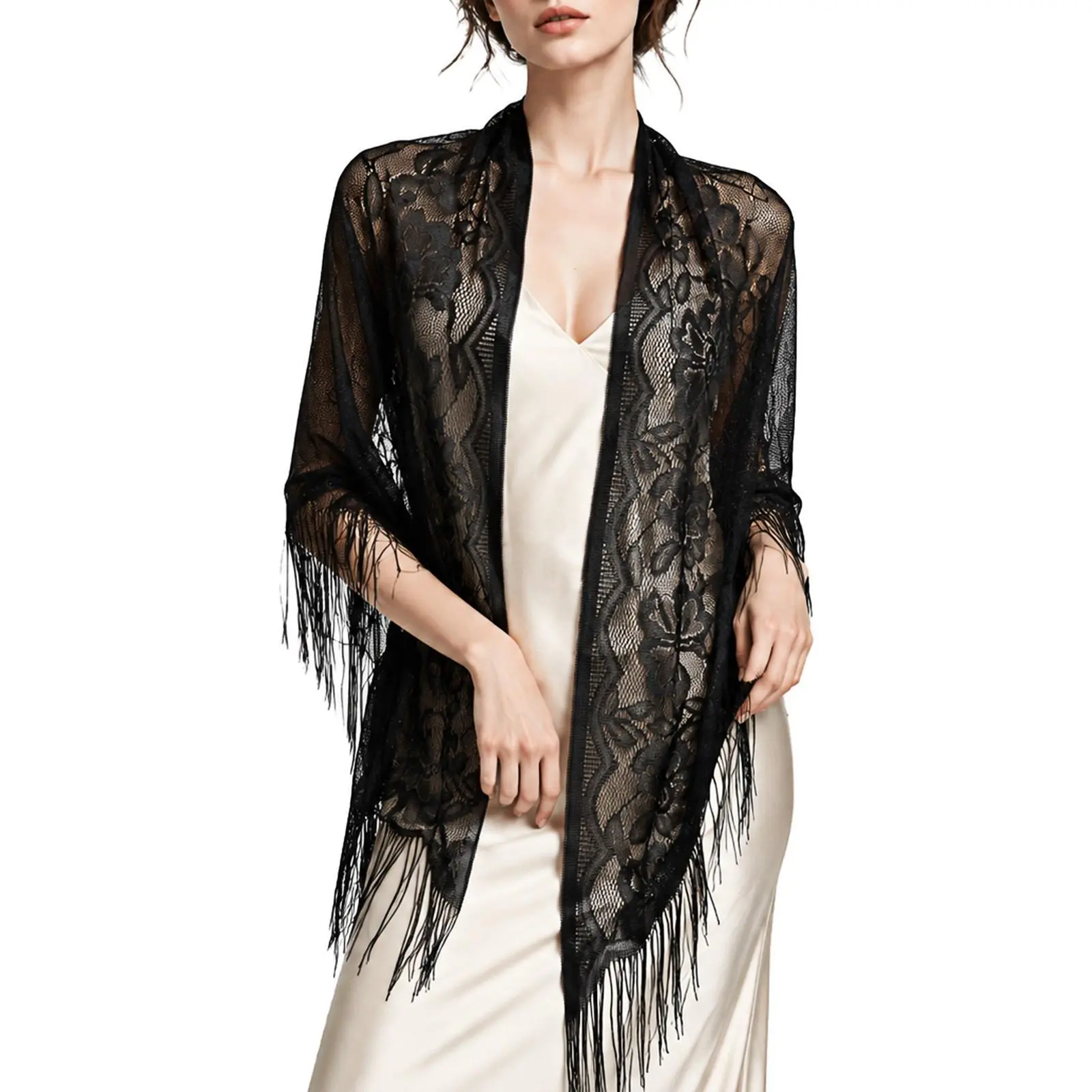 OIDEA Floral Lace Shawl Wrap for Women, Sheer Polyester Evening Scarf with Tassel Fringe for Wedding Party Prom Dressy Cover Up