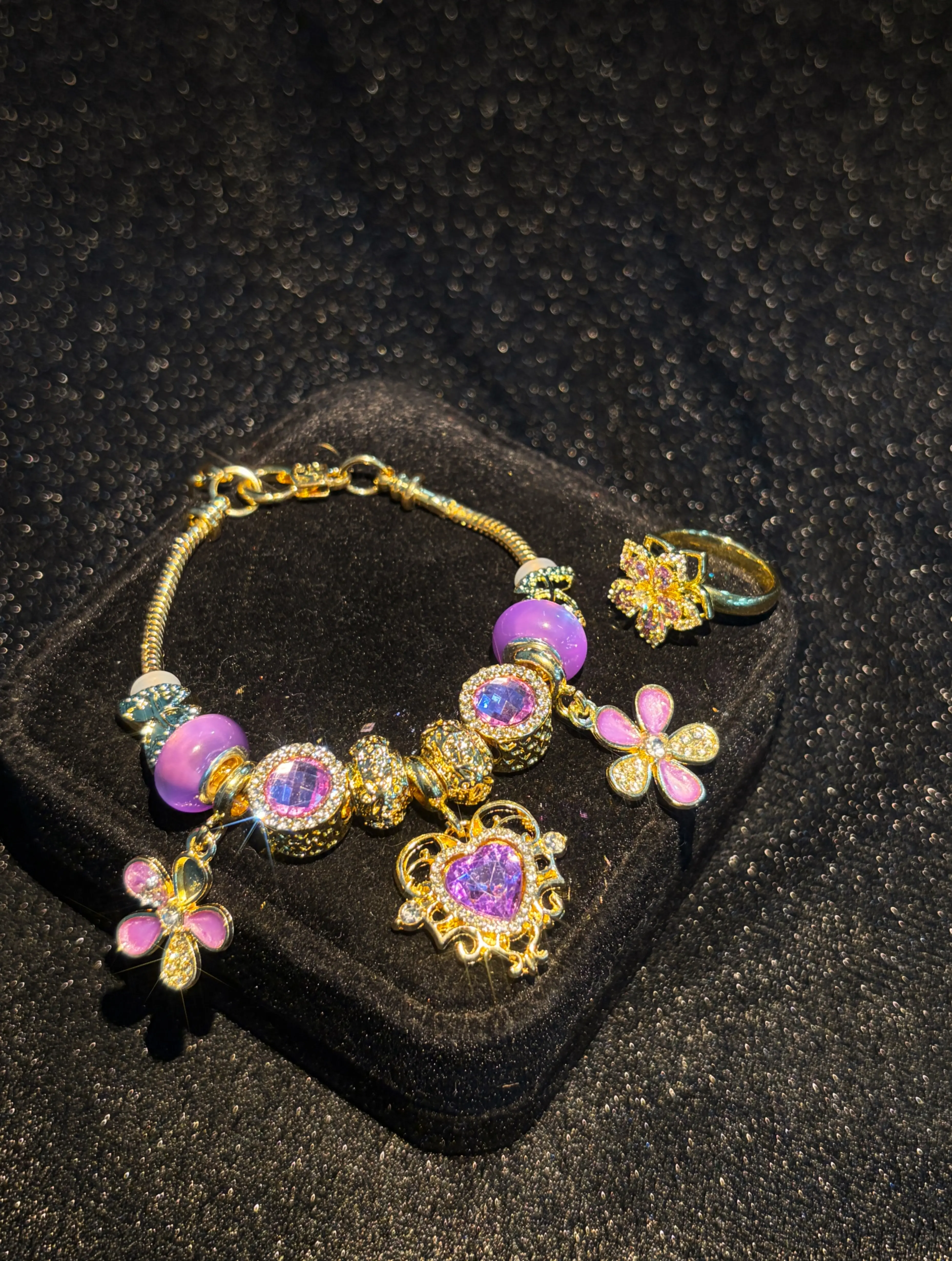 2Pcs Jewelry Set, Gold Tone Purple Cubic Zirconia Heart Charm Beaded Bracelet & Flower Rotatable Ring for Women, Vintage Hand Jewelry Gift