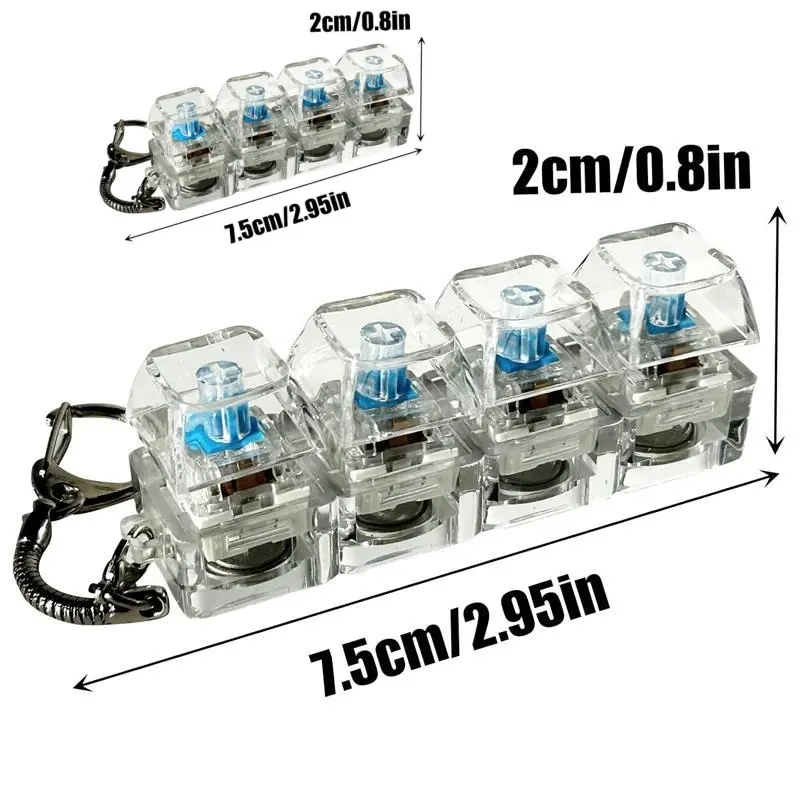 [Valentine's Day  Gift] Glowing Keyboard Fidget Toy, 4-In-1 Decompression Button Keychain, transparent toy mechanical keyboard， Stress-relieving Finger Clicker, pendant crystal keycaps with Flashing LED lights