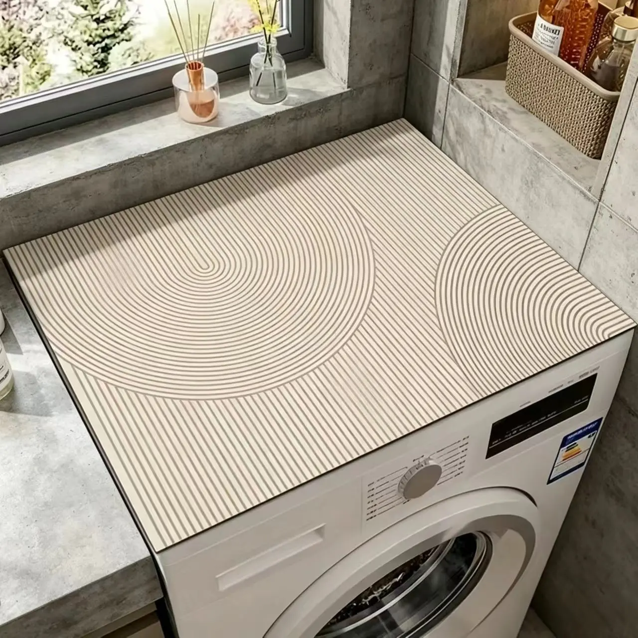 Modern Geometric Stripe Washer And Dryer Covers Protector, Cream Color Non-Slip Quick-Dry Surface, High Absorbent Durable Appliance Cover, Washer And Dryer Replacement Cover