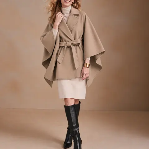 Women’s One Size Structured Funnel Neck Belted Cape Coat - Adjustable, Fashion Jackets with Flared Sleeves, Blends Modern Edge Statement Outerwear for Winter, Tops for Women