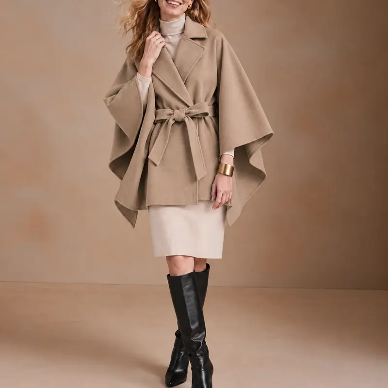 Women’s One Size Structured Funnel Neck Belted Cape Coat - Adjustable, Fashion Jackets with Flared Sleeves, Blends Modern Edge Statement Outerwear for Winter, Tops for Women