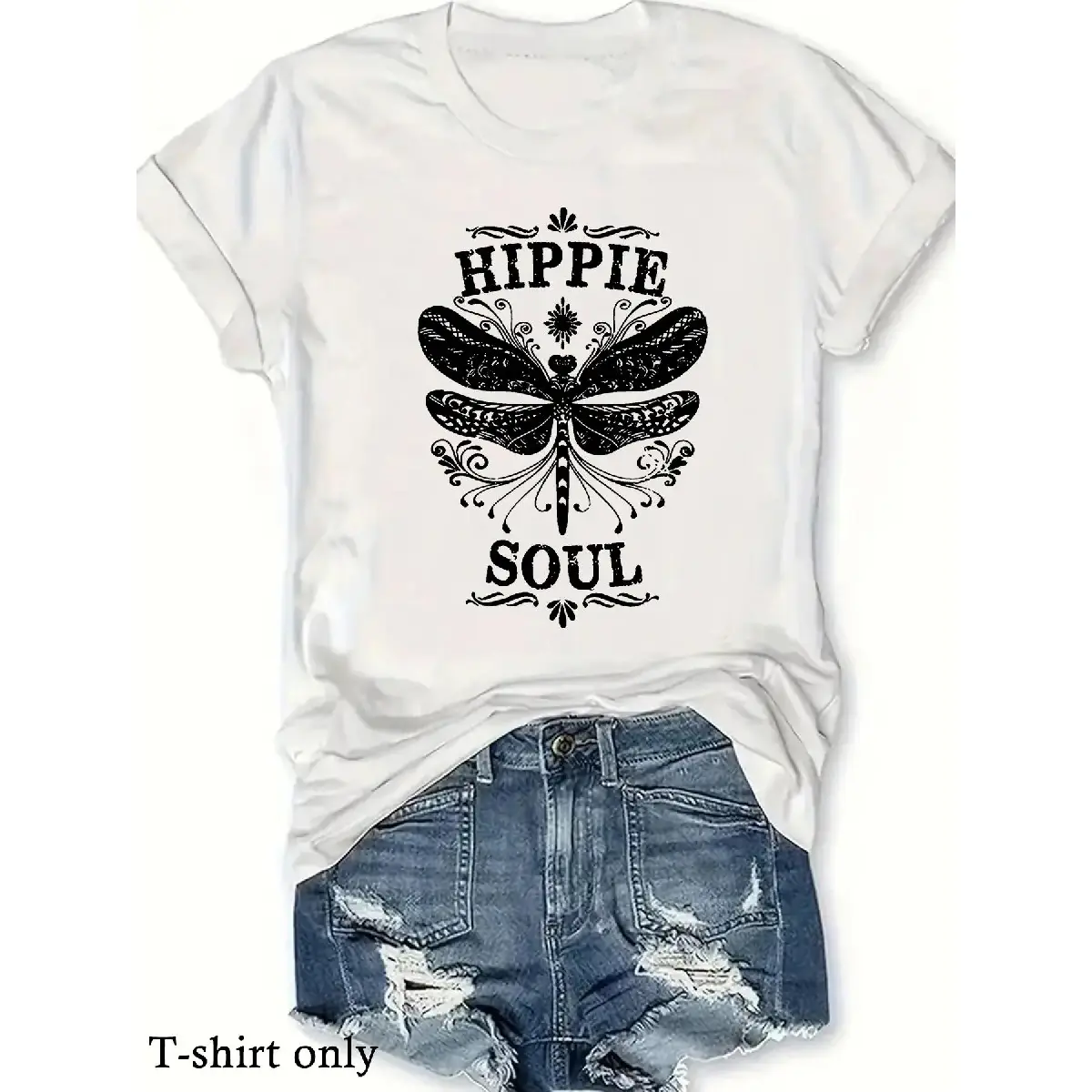 Women's Comfy Breathable Vintage Dragonfly & Letter Print Round Neck Short-Sleeve Top, Casual Boho Everyday T-Shirt for Summer Daily Wear