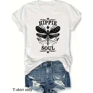 Women's Vintage Dragonfly & Letter Print Round Neck Tee, Casual Boho Shortsleeve T-shirt for Daily Wear, Ladies Summer Tshirt, Vintage Graphic Tees
