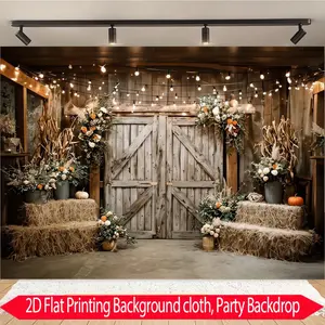 2D flat 1pc rustic barn wedding backdrop, vintage wooden barn door with warm string lights, haystacks, pumpkins and floral decorations, suitable for wedding ceremonies, engagement parties, multiple sizes available, polyester material