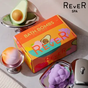 Rever Spa Three Pack Fruit Bath Bomb Set Handmade with Organic Ingredients & Essential Oils for Women Relaxation Gift Body Care