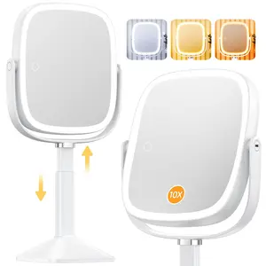 Rectangle Lighted Makeup Mirror with Magnification, 10X Magnifying Mirror with Lights 3 Color, Height Adjustable and 4000mAh Battery for Bedroom Bathroom, Large Surface for Women or Men- White