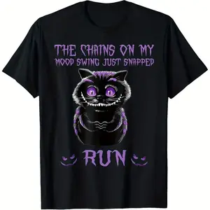 Women's Black "My Mood Is Swinging Chains On Me" Print Cotton T-Shirt, Purple Cat & Smile Casual Summer Tee Ideal Gift