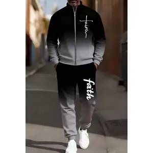 Men's zipper fashion casual sports gradient color printing stand collar cardigan jacket + pants two-piece set, suitable for dailtiy leisure, nightclubs and outdoor activies, fashionable and easy to match