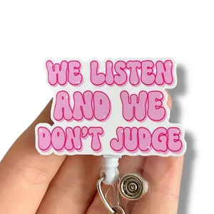 Glitter My Badge We listen and we don’t judge badge reel for nurse and hospital workers. Badge clip Badge pull - Retractable swivel clip with a 360 rotation. Great gift for coworker.