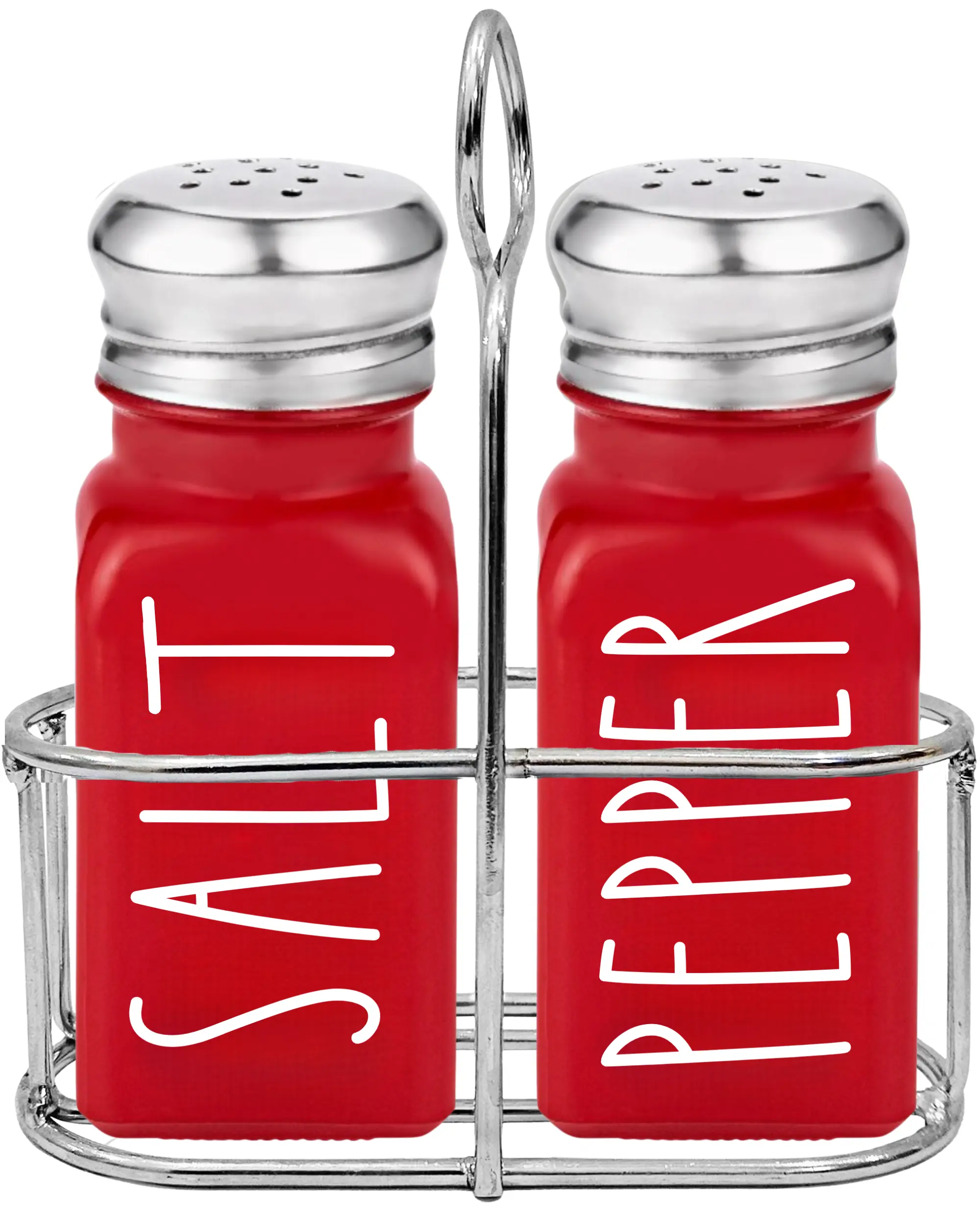 Red Salt and Pepper Shakers Set with Holder by Brighter Barns - Dining Table Decor, Modern Farmhouse Kitchen Decor - Christmas Salt and Pepper Shakers with Caddy for Restaurant, RV, Airbnb, Gift (Red)