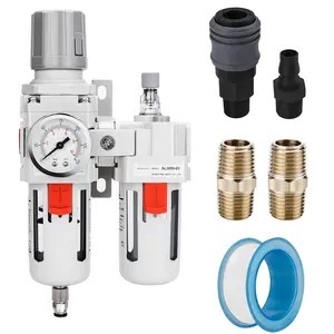 3/8" NPT  Filter Regulator Lubricator Combo Water/Oil  Separator - Gauge(0-150 psi), Poly Bowl, Semi-Auto Drain, Bracket - 3 in 1 Two Unit
