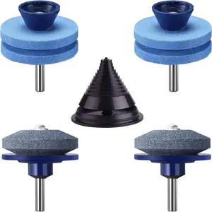 4PCS Lawn Mower Blade Sharpener, Double Layer Corundum Lawnmower Blade Sharpener, Universal Wear Resistant Mower Blade Sharpener for Any Power Drill/Hand Drill, Including Blade Balancer