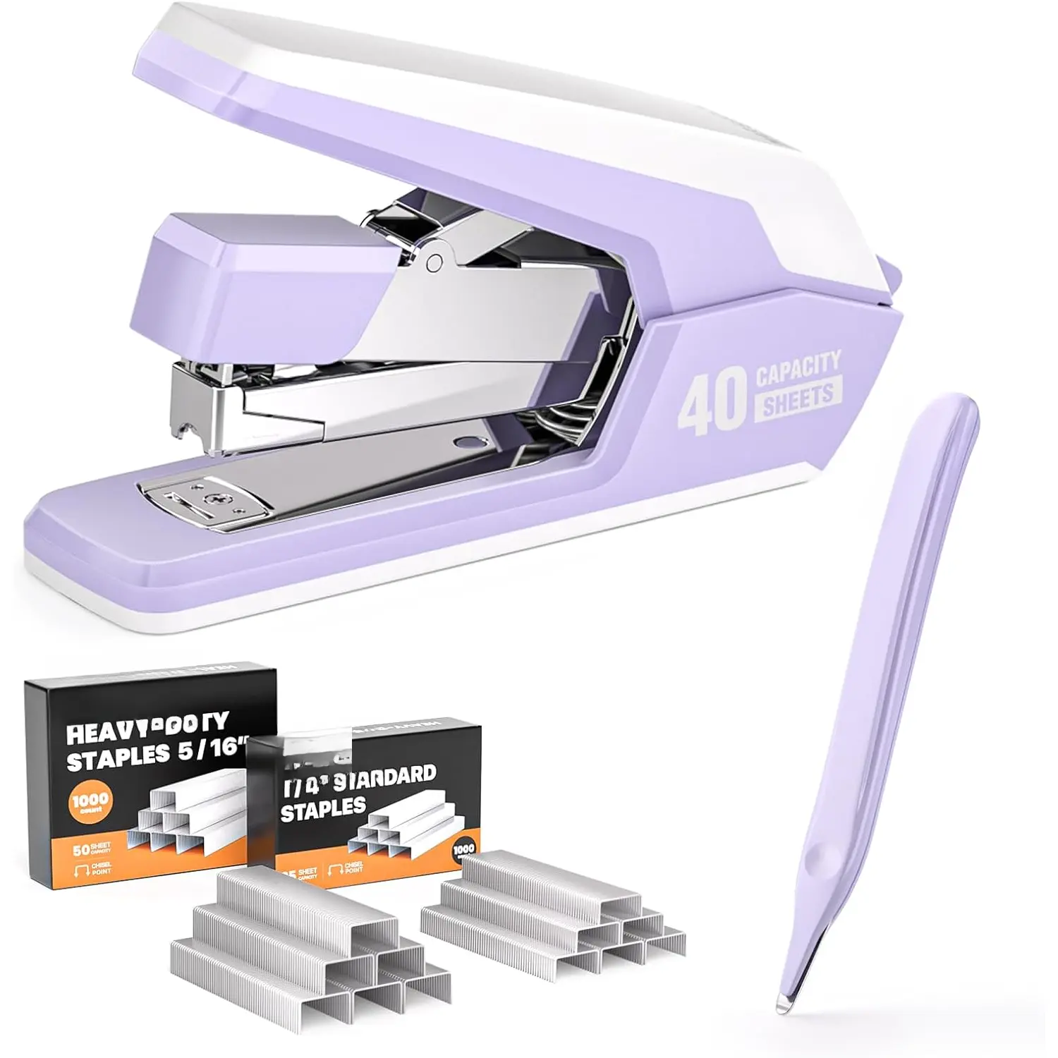Effortless Stapler for Desk with 40-50 Sheet Capacity, 2000 Staples, 1-Touch Stapling,  & Easy to Load Desktop Staplers, Heavy Duty Stapler, and  Staple Remover, Purple