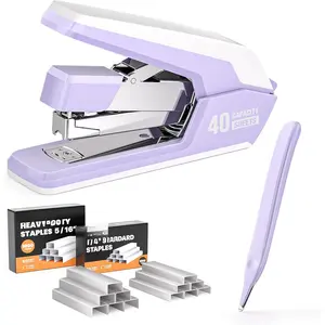 Effortless Stapler for Desk with 40-50 Sheet Capacity, 2000 Staples, 1-Touch Stapling,  & Easy to Load Desktop Staplers, Heavy Duty Stapler, and  Staple Remover, Purple