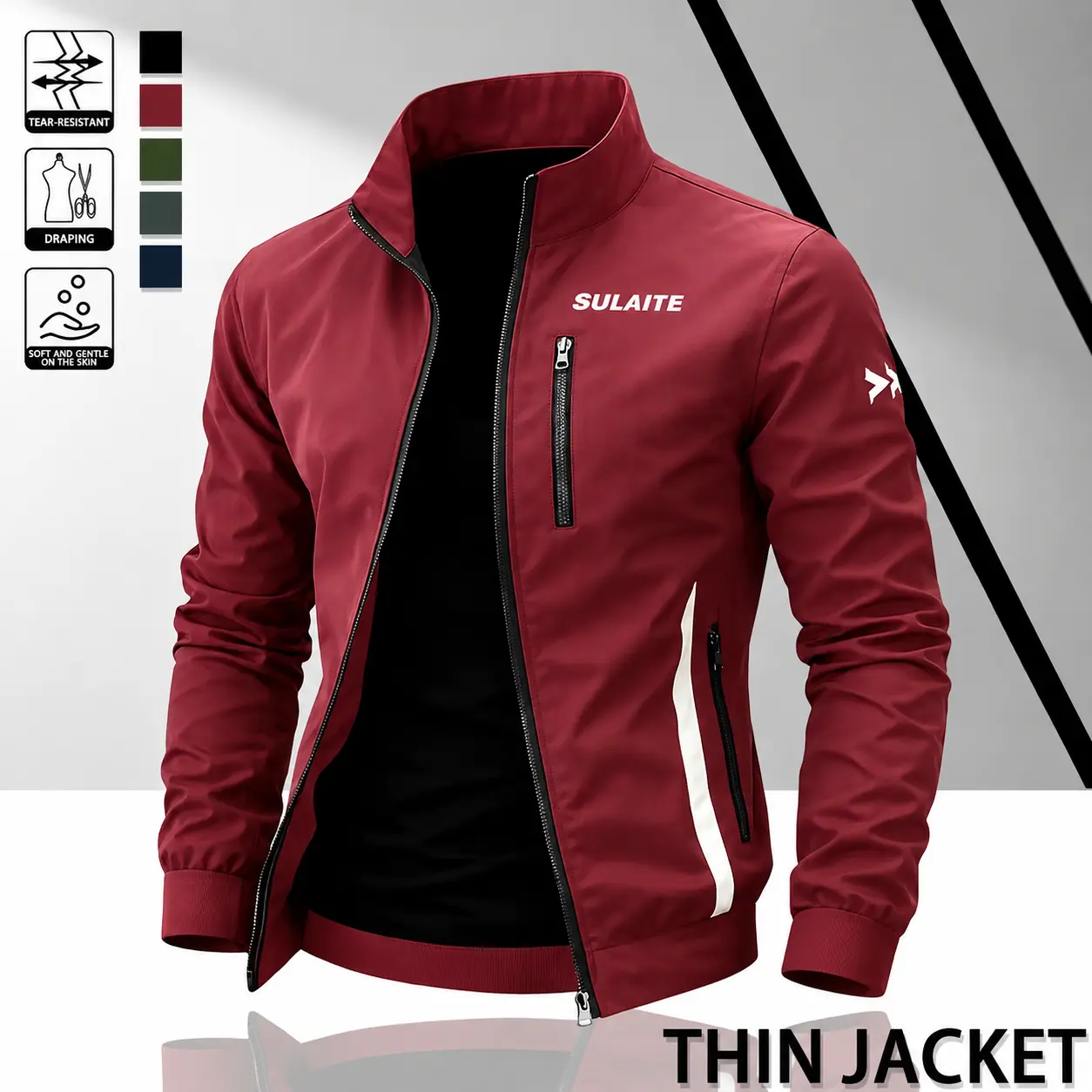 Men's Stand Collar Color Block White Stripe Windproof Jacket, Durable Breathable Lightweight Coat With Multi Zipper Pockets, Casual Daily Commute Outdoor Sports, 6 Solid Colors Available  Menswear Tops Coats, Activewear, Lightweight, SULAITE Chest Zipper