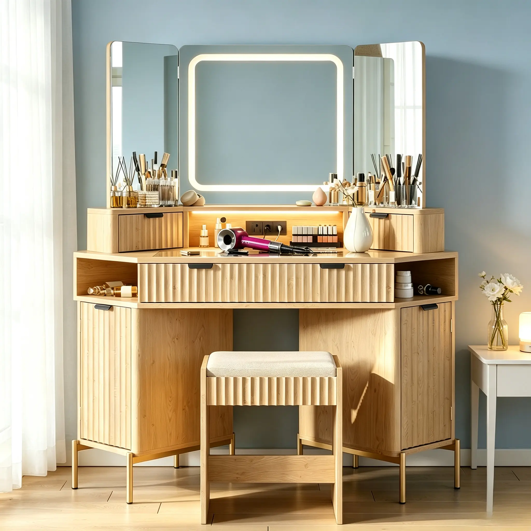 CollaredEagle 48in White Fluted Corner Vanity Desk - French Country Makeup Vanity Desk with Triple Lit Mirrors, Scratch-Resistant Glass Top, Charging Station, Storage Drawers, Cabinets, Stable Sturdy Space-Saving Bedroom Dressing Table