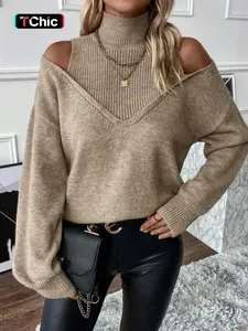 Women's Plain Cut Out High Neck Sweater, Casual Drop Shoulder Long Sleeve Jumper for Fall & Winter, Fashion Ladies' Knitwear for Daily Wear, Womenswear