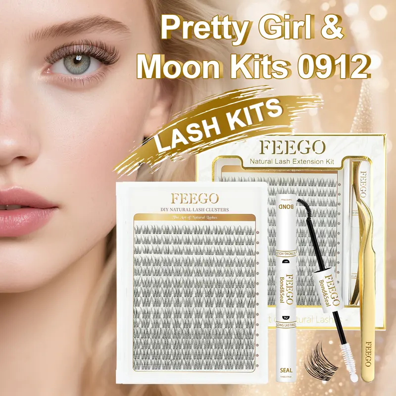 Pretty Girl & Moon Kits 0912 FEEGO Natural Lash Extension Kit 168pcs Lash Clusters Kit Wispy Eyelash Extensions 9-12MM Individual Lashes Extensions Waterproof Lash Kit with Bond and Seal Lash Glue and Eyelash Extension Tweezers DIY at Home Makeup Cosmetic