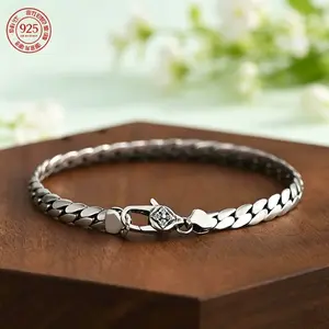 S925 Sterling Silver Cuban Bracelet for Men & Women, Handwoven Elegant Chain Jewelry Gift
