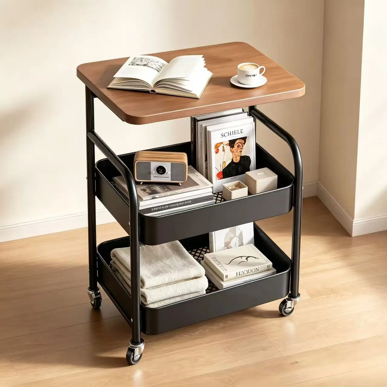 3 Tier Rolling Utility Cart with Wooden Tabletop Lockable Wheels Mesh Breathable Baskets Multipurpose Storage Trolley for Bedroom Home Office Living Room