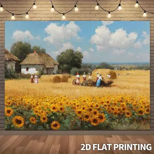2D Flat, 2D Flat, A 2D Flat Design Featuring an Oversized Farmhouse Banner - a Backdrop for a Ukrainian Village Harvest Festival, Adorned with Sunflowers, Wheat Fields