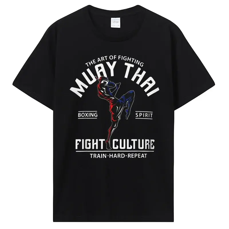 Men's Wai Kru Muay Thai Graphic Short-Sleeve T-Shirt - Breathable Knit Cotton, Jewel Neck, Pull-On Wear, Wai Kru Theme, 4 Seasons Casual Harajuku Menswear Top, Shortsleeve, Four Seasons