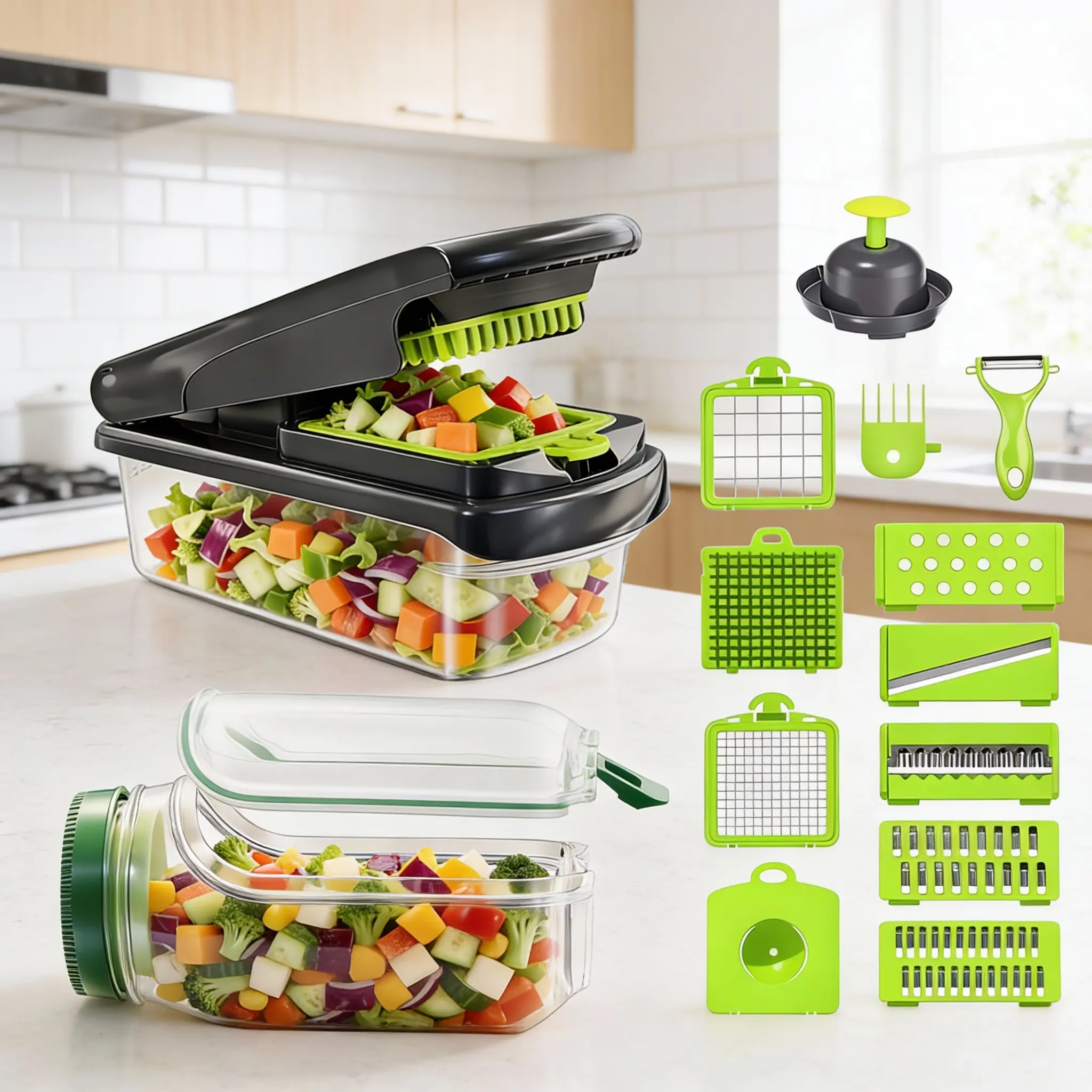 boujee kitchen gadgets Multifunctional Kitchen Mandoline Slicer, Fruit Cutter, Cheese Grater, Cucumber Slicer, Vegetable Spiralizer, Multi-purpose Food Cutter, Kitchen Gadget Gift Set (6-in-1, Clear)