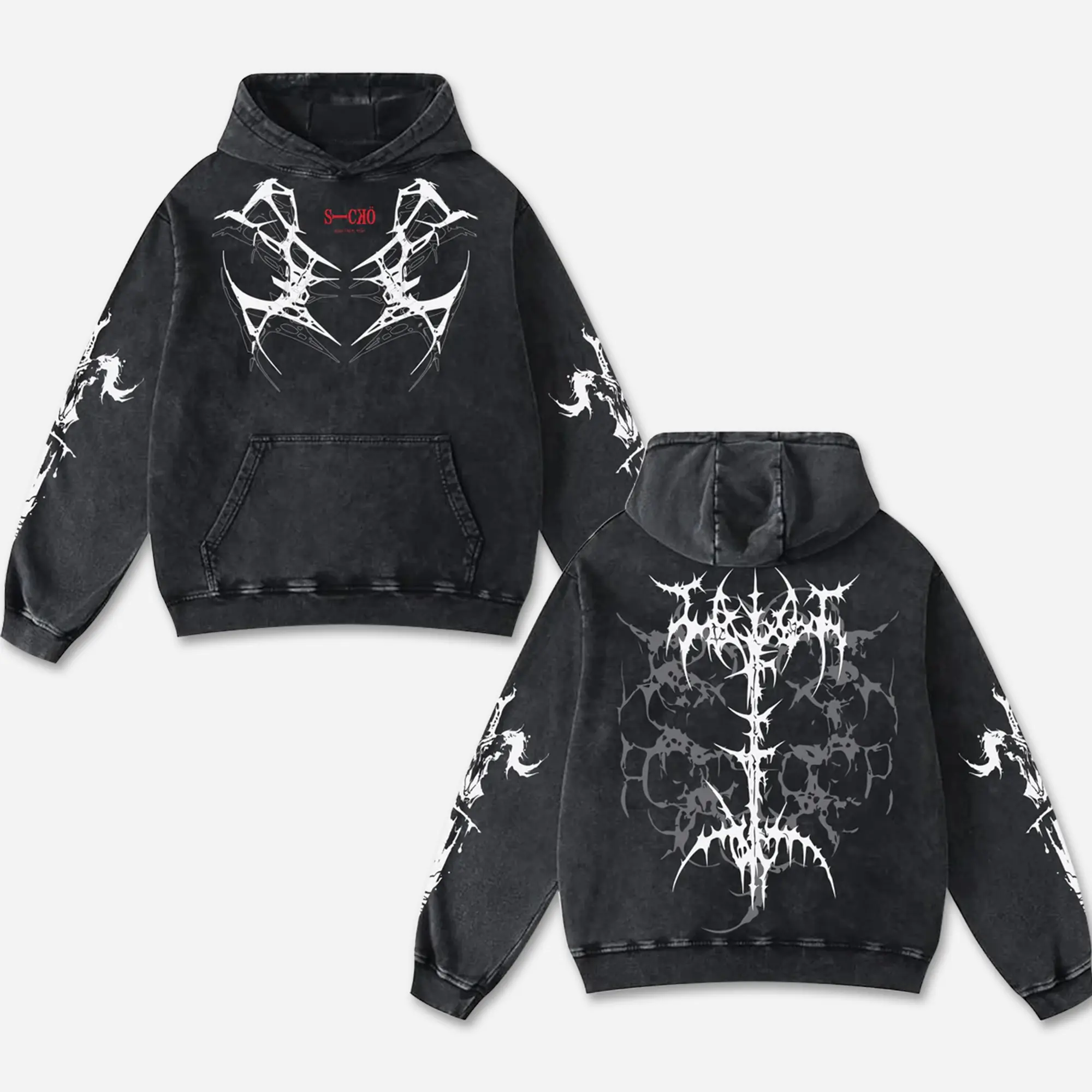 Retro Sicko Washed Black Gothic Hoodie Cotton With Demon Tribal, Dark Streetwear Graphic Shirt, Dark Art Clothing Motorcycle Motorbike Supermotor Fan Gear