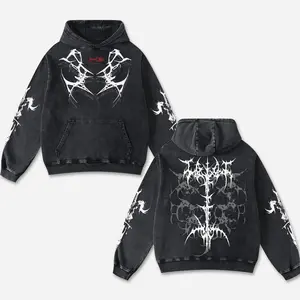 Retro Sicko Washed Black Gothic Hoodie Cotton With Demon Tribal, Dark Streetwear Graphic Shirt, Dark Art Clothing Motorcycle Motorbike Supermotor Fan Gear