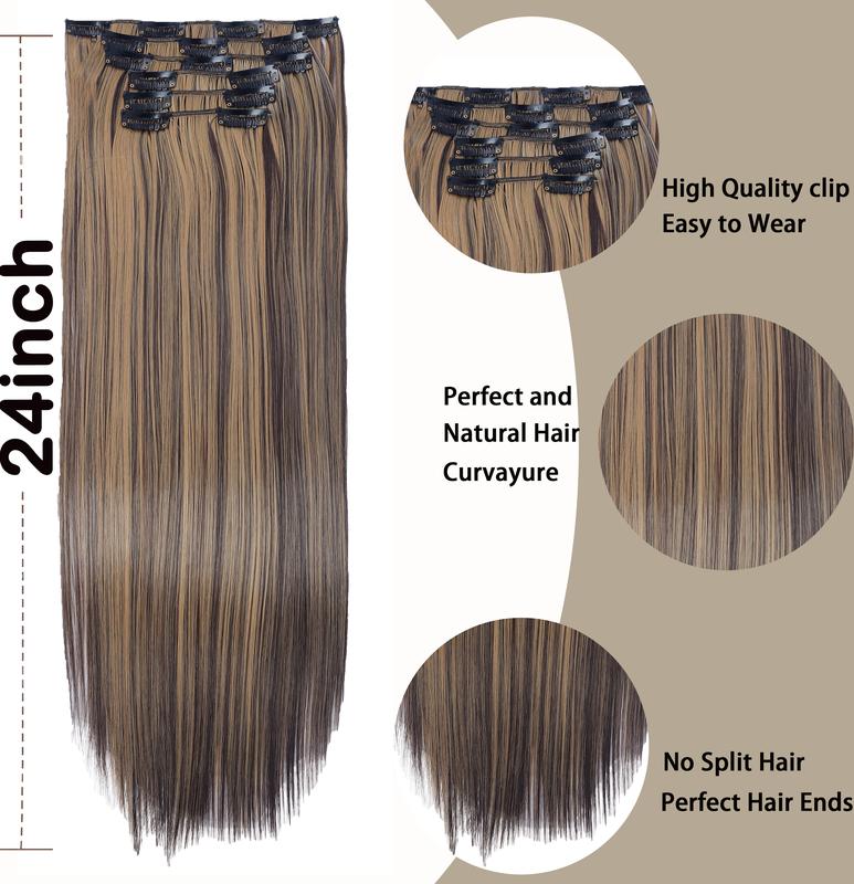 Clip in Hair Extensions 24 Inches Straight Hairpieces 6 PCS Set Heat Resistant Synthetic Fiber Full Head High-temperature Double Weft natural fluffy Comfortable Thick Hair Piece Clip ins add length for Women