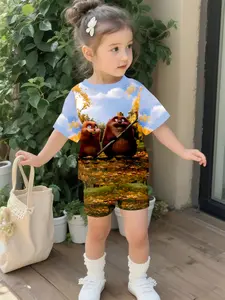 Autumn Forest Hoppers Cute Mouse Siblings Kids Set Digital Print 100% Polyester Toddler Short Sleeve Set, Baby Girl Clothes, Casual Outfit for Baby Girls, T-shirt Daily Wear and Outdoor Sports, Gift for Toddlers