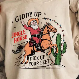 Retro Cowboy Christmas T-Shirt - Western Santa Giddy Up Jingle Horse Sweatshirt, Unisex, 100% Cotton - Fabric Crewneck Classic