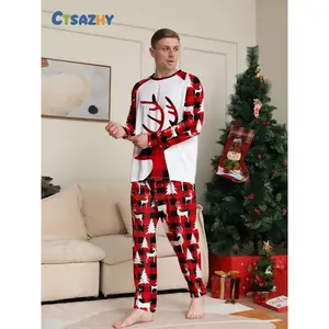 Men's Christmas Reindeer Theme Pajama Set, Long Sleeve Shirt & Pants, Soft Comfortable Holiday Sleepwear, Plaid Design