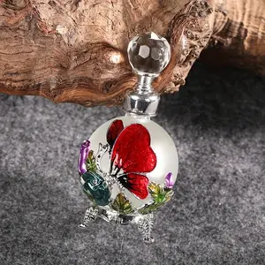 Charming Vintage Crystal Perfume Bottle with Butterfly & Floral Design - Refillable Glass Essential Oil Dropper