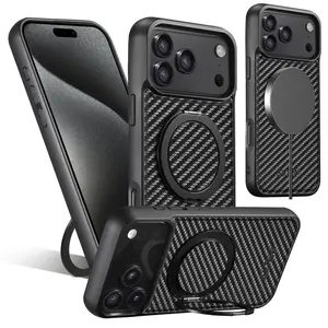 Built-in 360° Spin Magnetic Stand for iPhone 17 Pro Max Case, Fit for MagSafe, Military Grade Protective Carbon Fiber Cover for 17/16/15/14 Pro Max Phone Case with Invisible Kickstand Rotatable