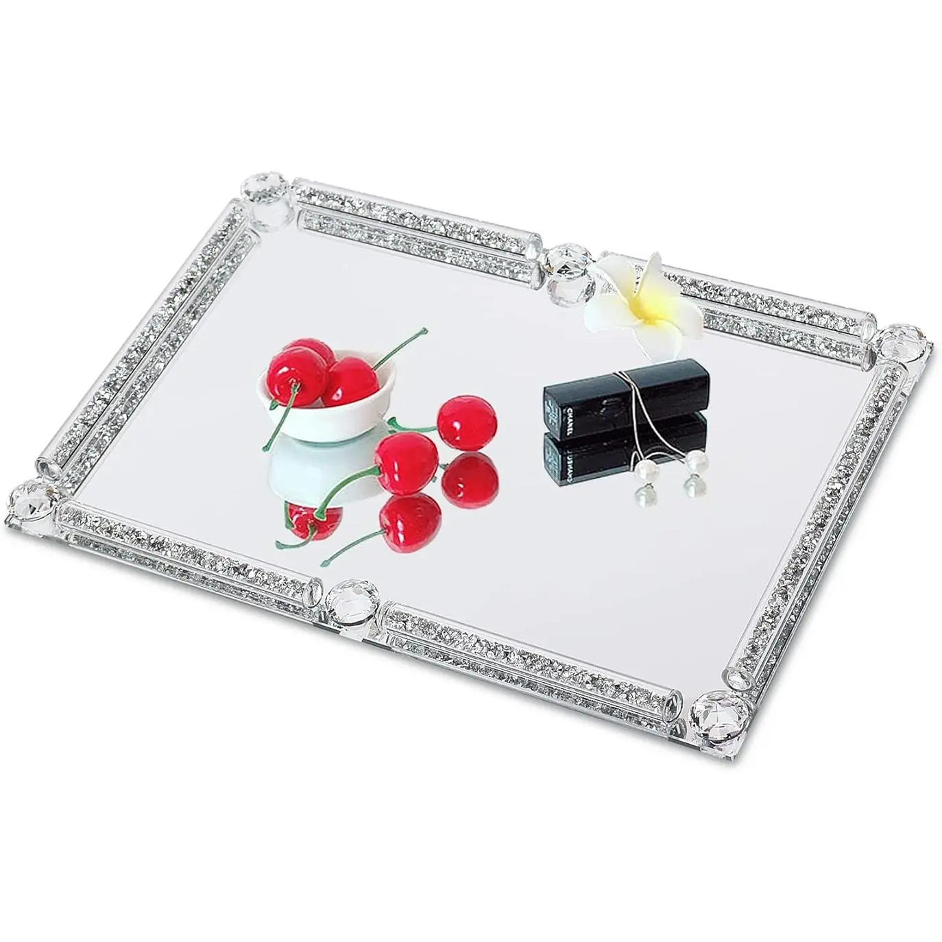 Silver-Rectangle Crushed Diamond Crystal Glass Vanity Tray - 11.8x7.9x1.2in Modern Home Organizer with Rubber Non-Slip Base, Festival Gift for Friends for Perfume Display on Bedside Table