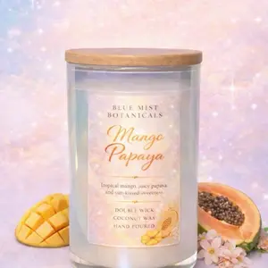 Blue Mist Botanicals Mango Papaya Luxury Double Wick Candle with Tropical Mango & Juicy Papaya Scent Hand Poured in Coconut Wax