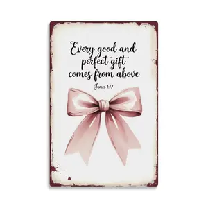 James 117 Bible Verse Gift Bow Pink Watercolor  Tin Sign， Vintage Inspirational Christian Metal Sign Print Aesthetic Room Decoration for Home Bedroom Kitchen Bar Dorm Bathroom Wall Decor 8 X 12 Inch