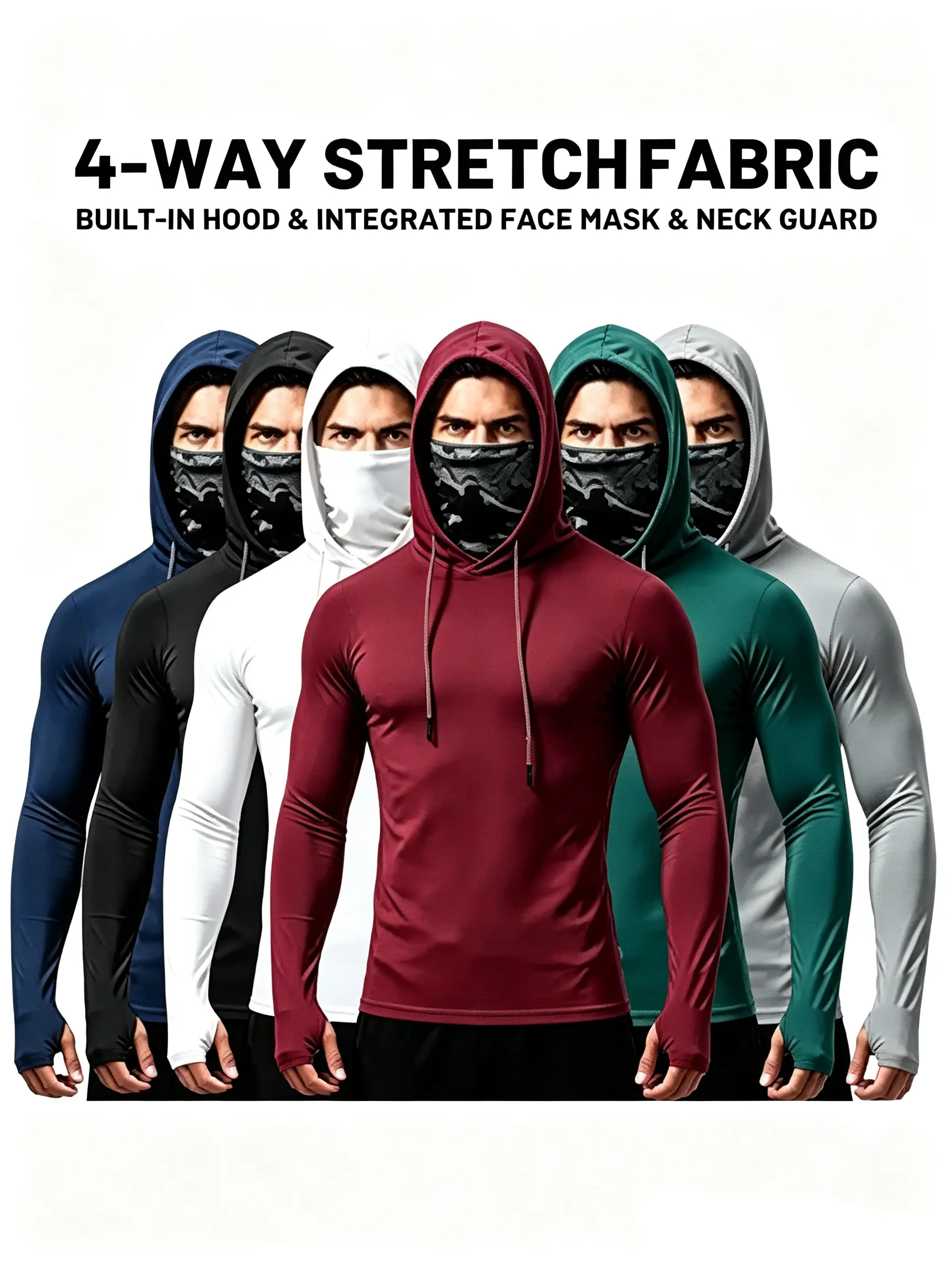 6 Pack Men UPF Sun Compression Hooded Shirts,Work shirts for men construction, Quick Dry Breathable Long Sleeve Athletic Tops with Attached Face Mask, Lightweight Cooling Performance Activewear for Fishing Construction Outdoor Work hoodies clothing