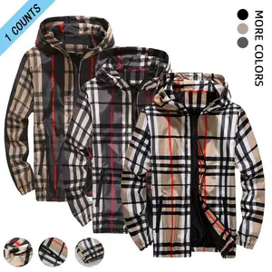 Men's lightweight hooded jacket with color blocked stripe design, adjustable drawstring windbreaker, suitable for spring and autumn fashion casual jackets, personalized checkered design for men's clothingRAIMENTRY