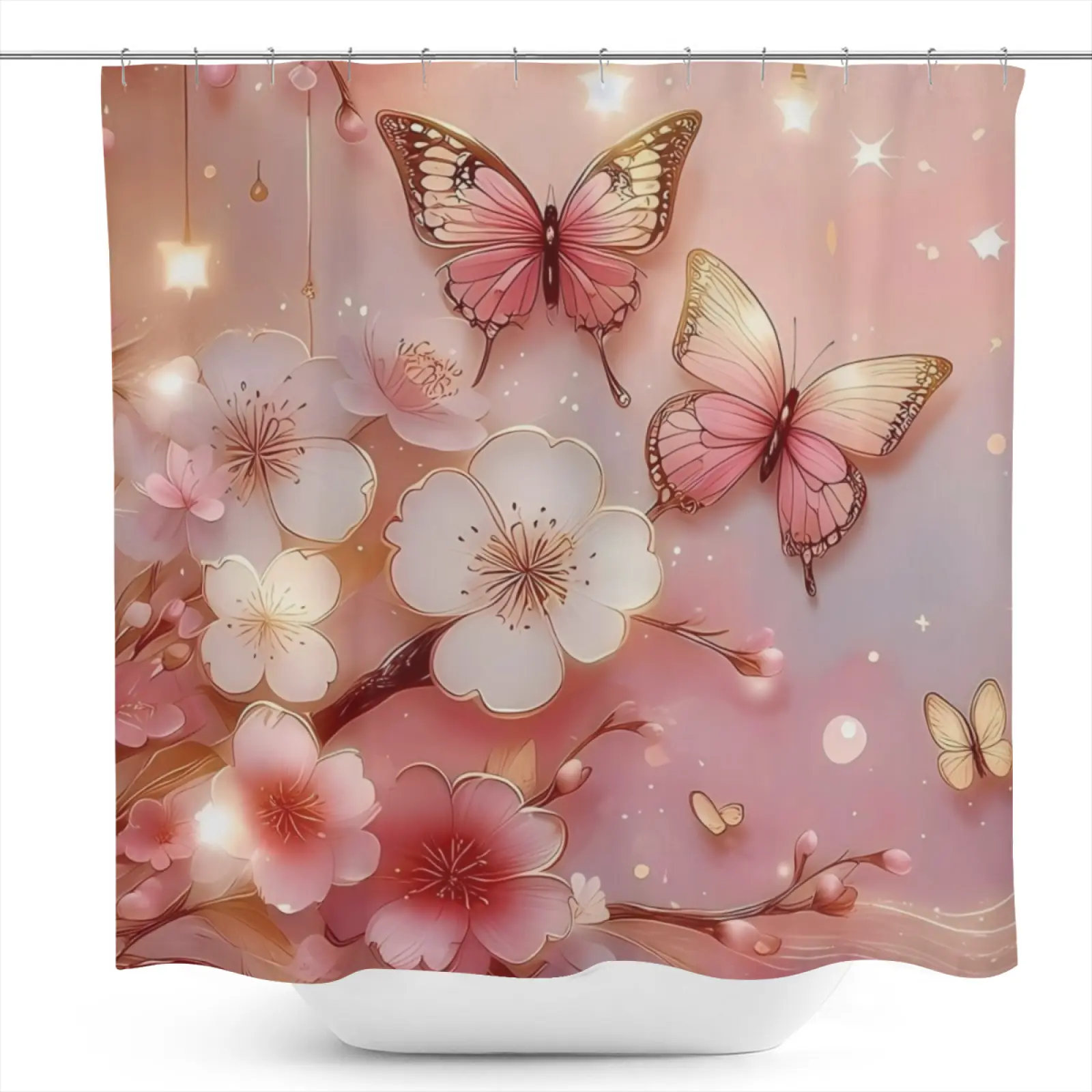 1Pc Pink Cherry Blossom Butterfly Pattern Waterproof Washable Polyester Shower Curtain with 12 Hooks, 71in W X 71in H, Modern Art Style Bathroom Decoration for All Seasons